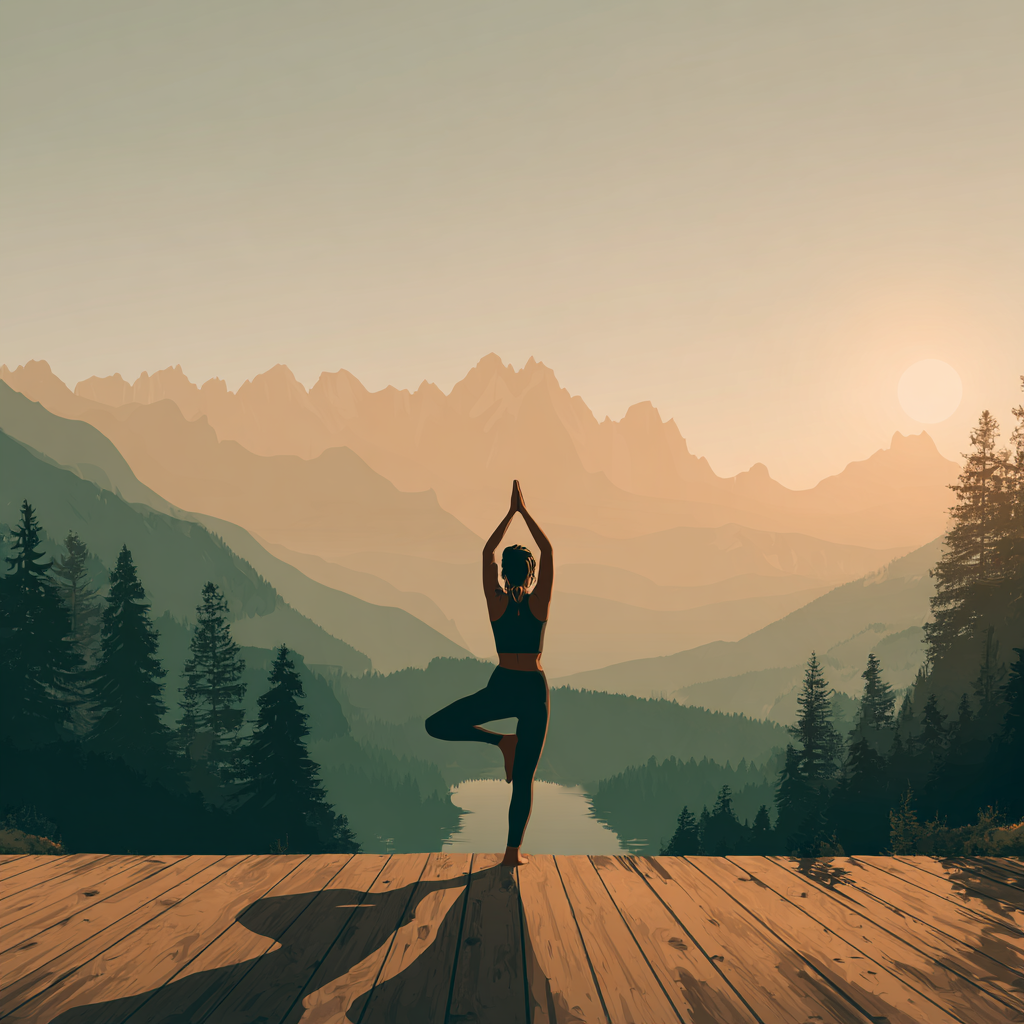 Жена практикуваща йога на плажа по изгрев слънце